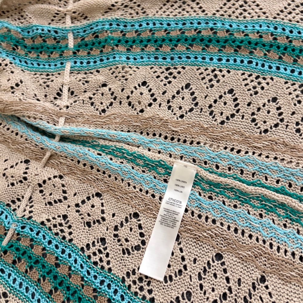 Chicos Linen Open Knit Cardigan Tan Teal Fringe Short Sleeve Size 0 Petite - Picture 7 of 8